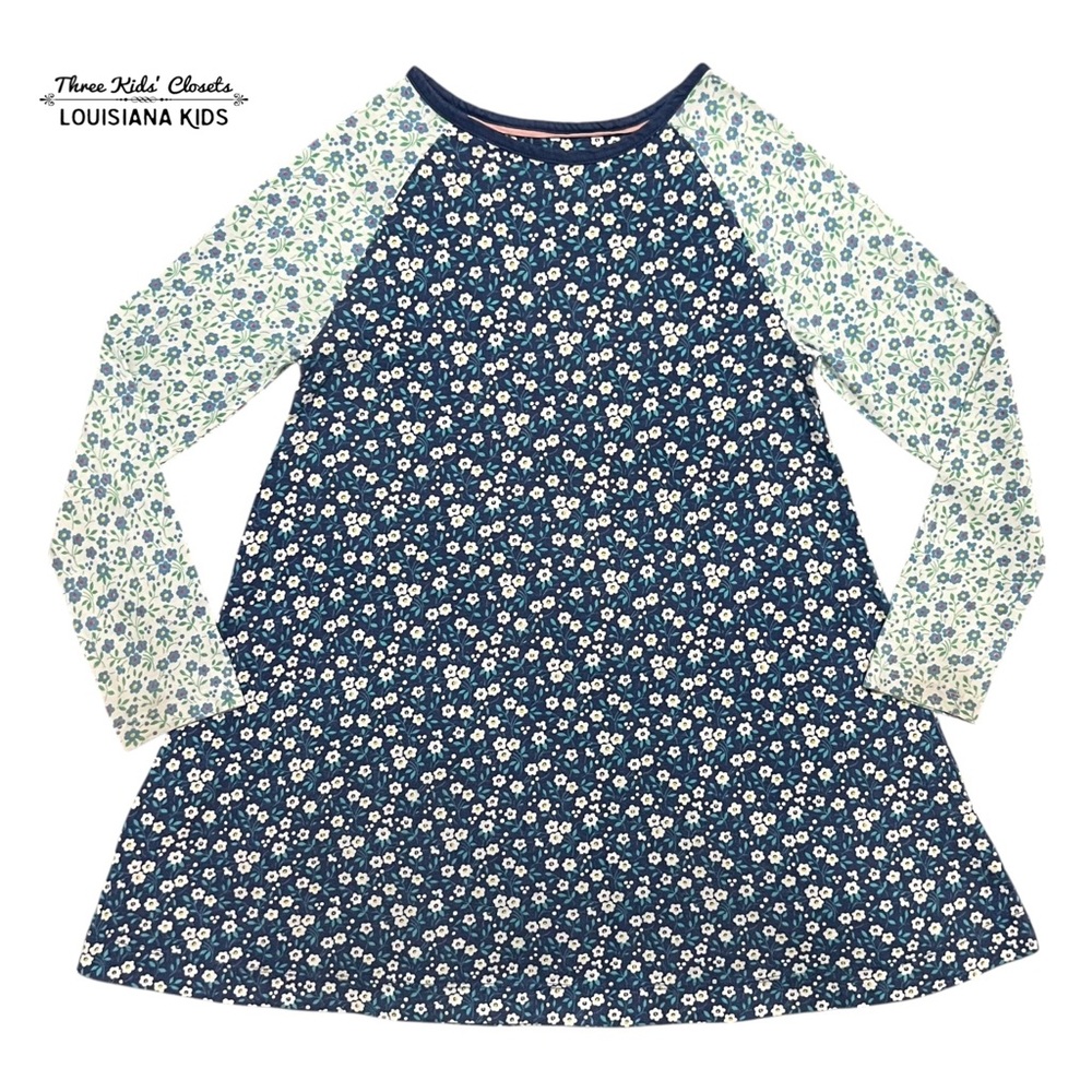 Mini Boden 7-8Y Navy Mixed Print Floral Long Sleeve Dress